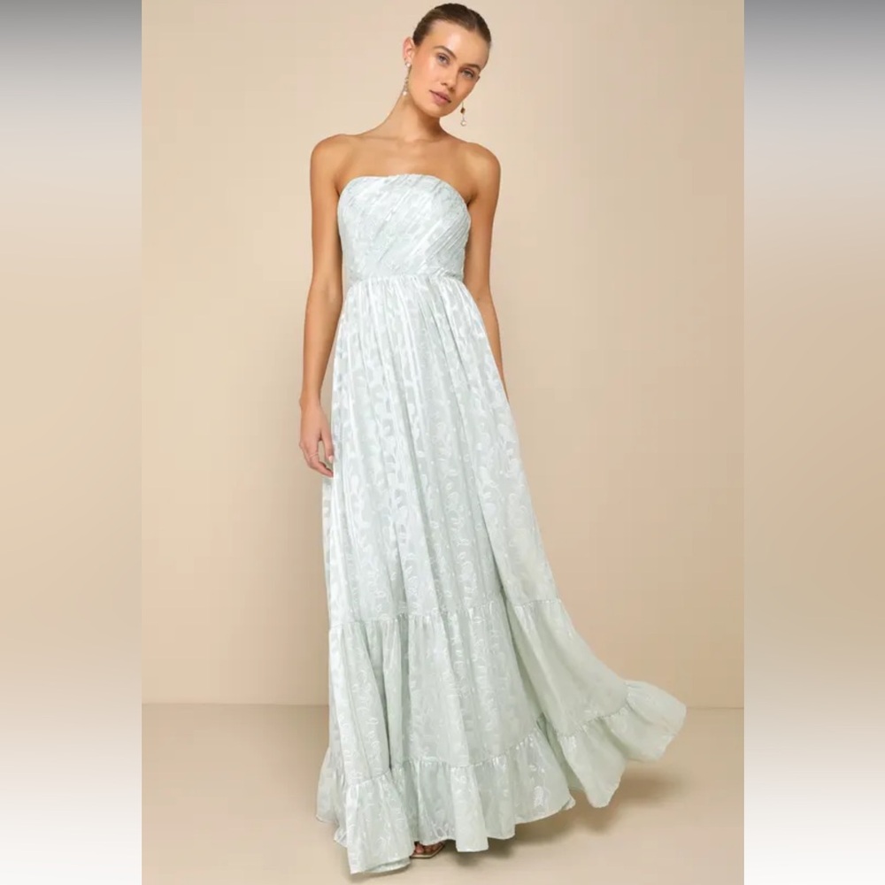 Sage Jacquard Floral Strapless Maxi Dress